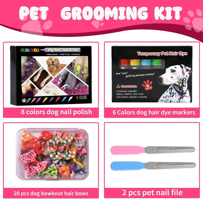 OLINGYOU Pet Grooming Kit- 6 Colors Washable Dog Hair Dye Markers, 8 Colors Nail Polish, 20 PCS Cute Dog Bowknot Hair Bows ,Dog Beauty Care Supplies for Safe & Fun Styling,Birthday Gifts to PET Lovers Set - Image 2